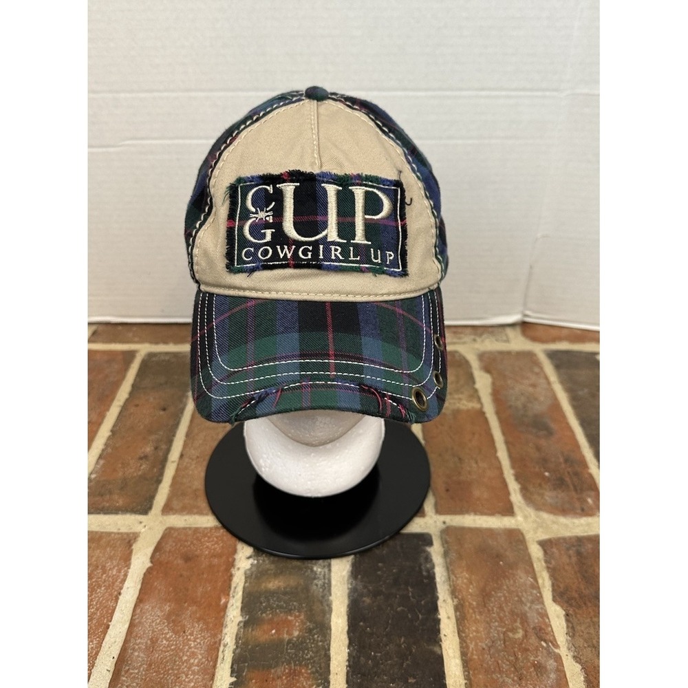 GC COWGIRL‎ Up Blue Green Red Plaid Hat Gingham Rodeo Ponytail Adjustable Cap